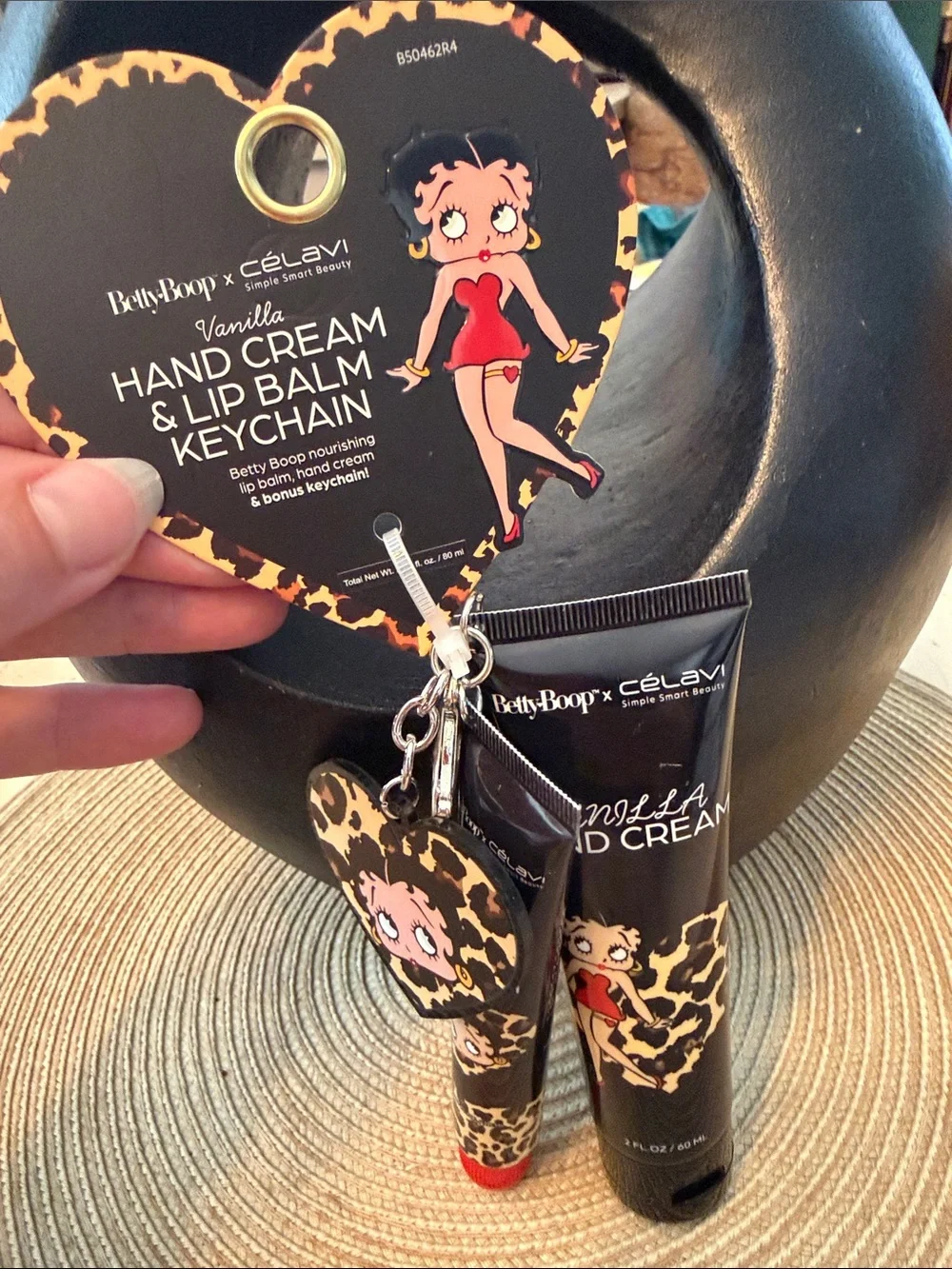 Betty Boop x Celavi Leopard Print Vanilla Hand Cream & Tinted Lip Balm Keychain